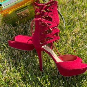 Red Corvette ankle tie up high heel pumps